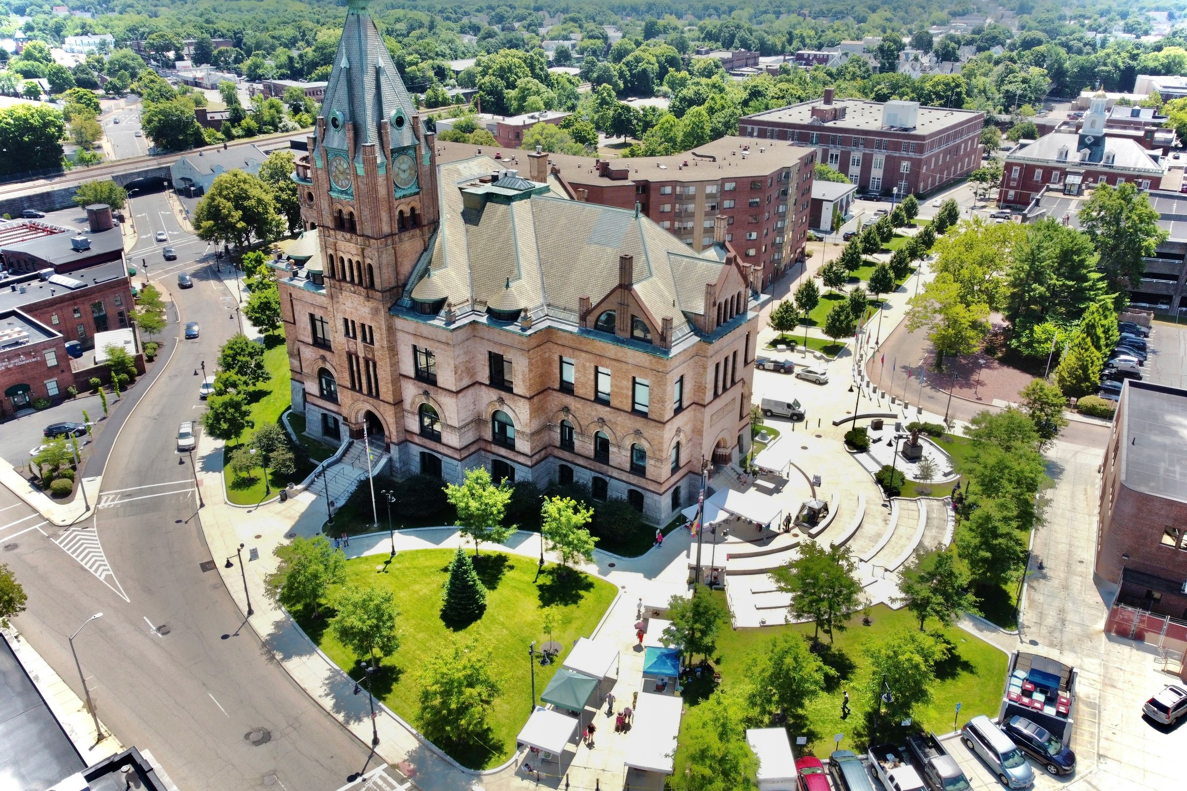 Brockton City Hall and the park beside it, from the air